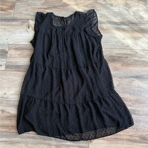 Crystal Doll Black Swiss-Dot Tiered Cap-Sleeve Tunic Dress